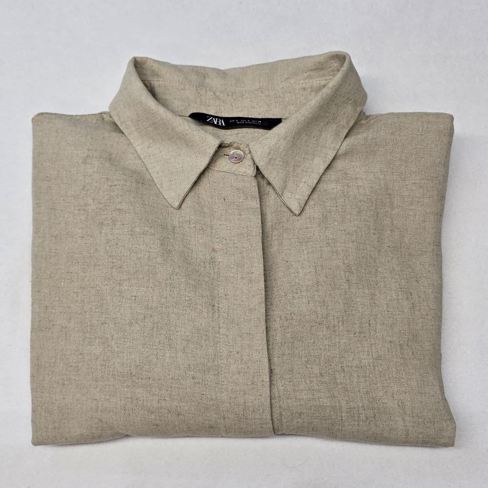 ZARA Linen Blend Short Sleeve Button Up Shirt Beige Cream Womens Small L Utility - Picture 13 of 15